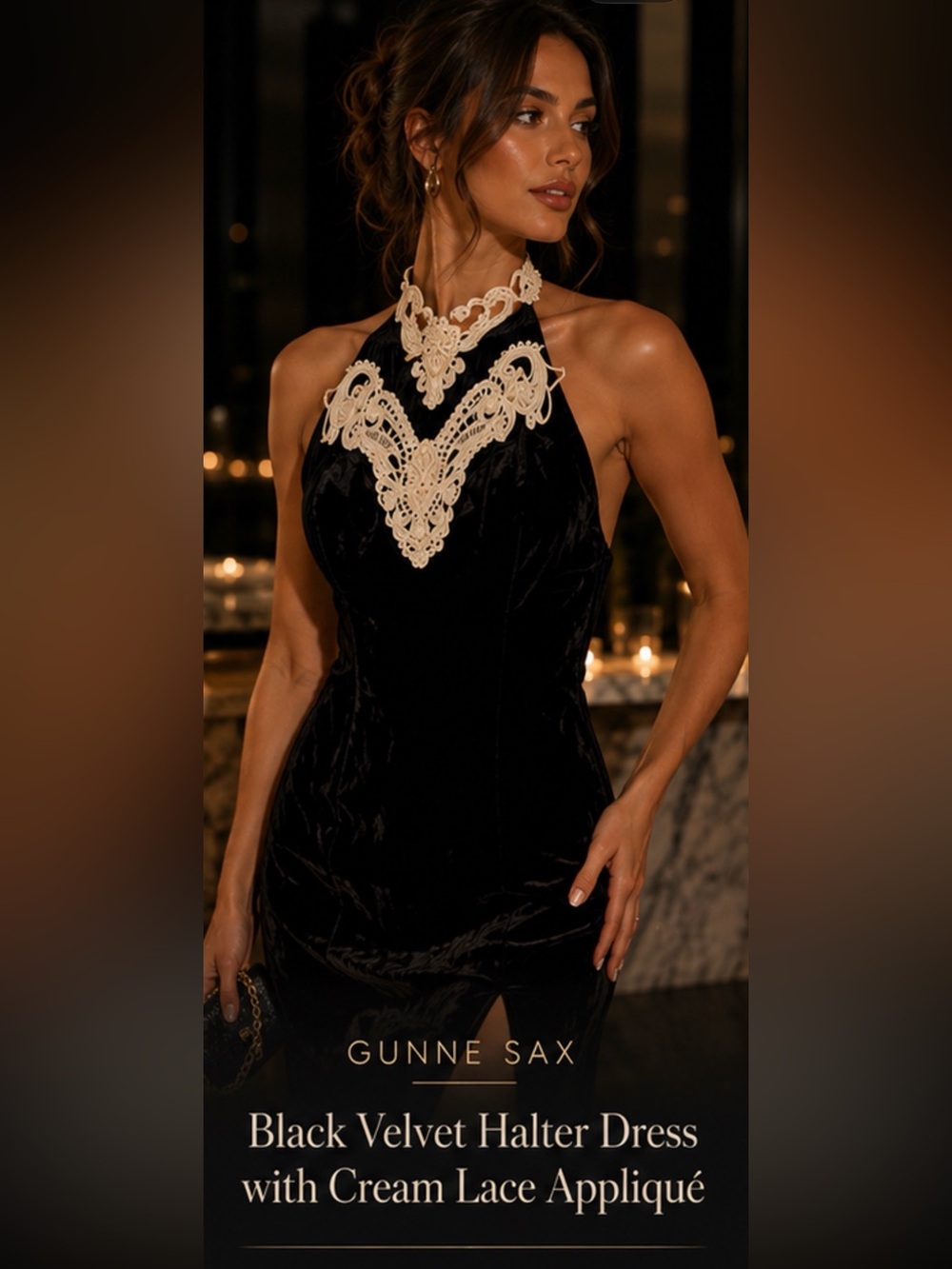 Gunne Sax Black Velvet Pearl Choker Halter Dress with Cream Lace Appliqué